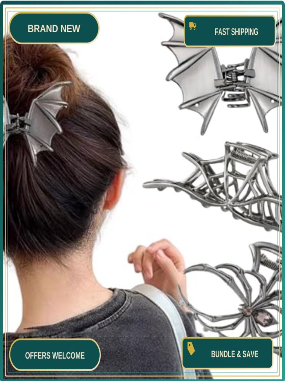 Spider Web Net Bat Hair Claw Clips 3PCS Alloy Metal Gothic Hairgrip Accessories